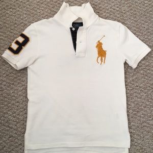 Polo by Ralph Lauren White Polo Shirt with Gold Pony & Navy Sleeve Patch